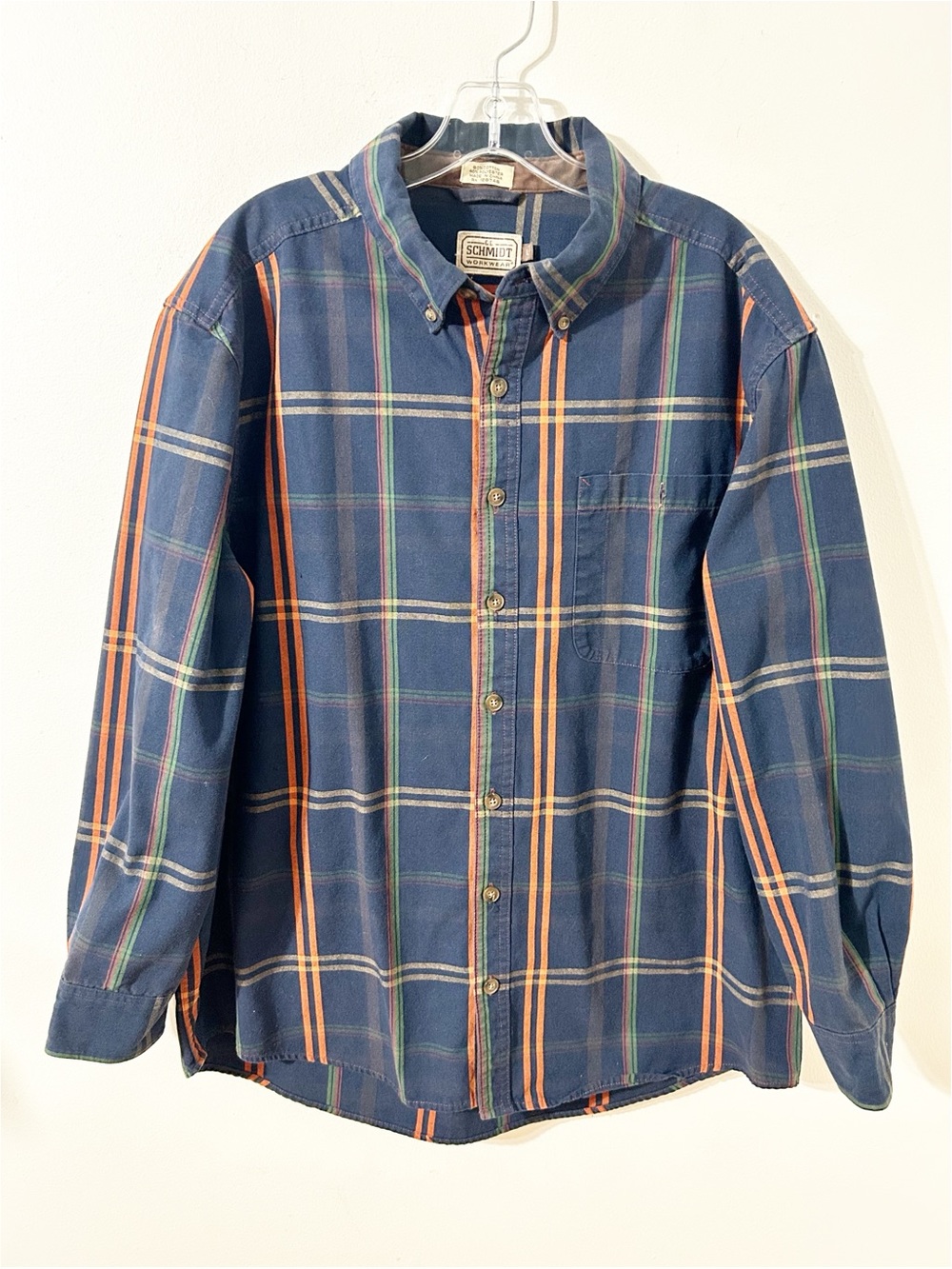 C.E. Schmidt Workwear Mens Large Plaid Button Down Shirt Blue Orange Long Sleeve
